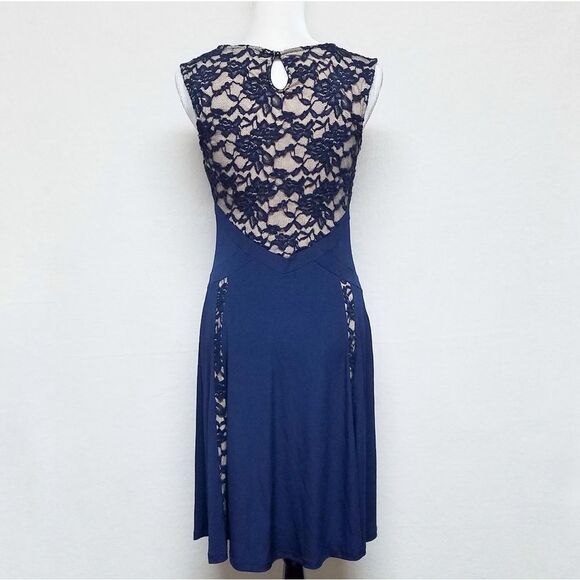 VINTAGE Candalate Navy Blue Lace Contrast Nude Sleeveless Fit & Flare Dress S - Picture 7 of 9